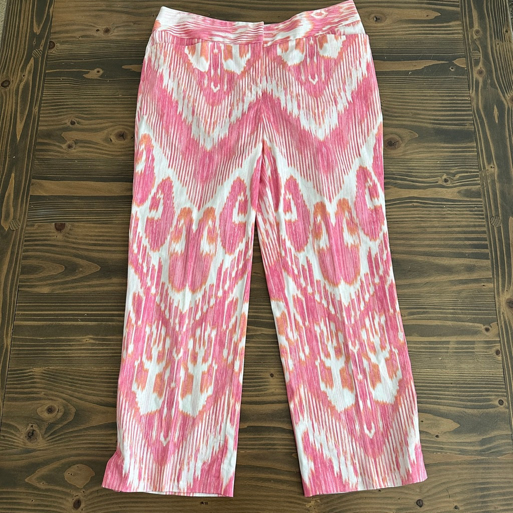 Chico's Women's Pink White Ikat Ankle & Cropped Pants 0 Stretch Cotton